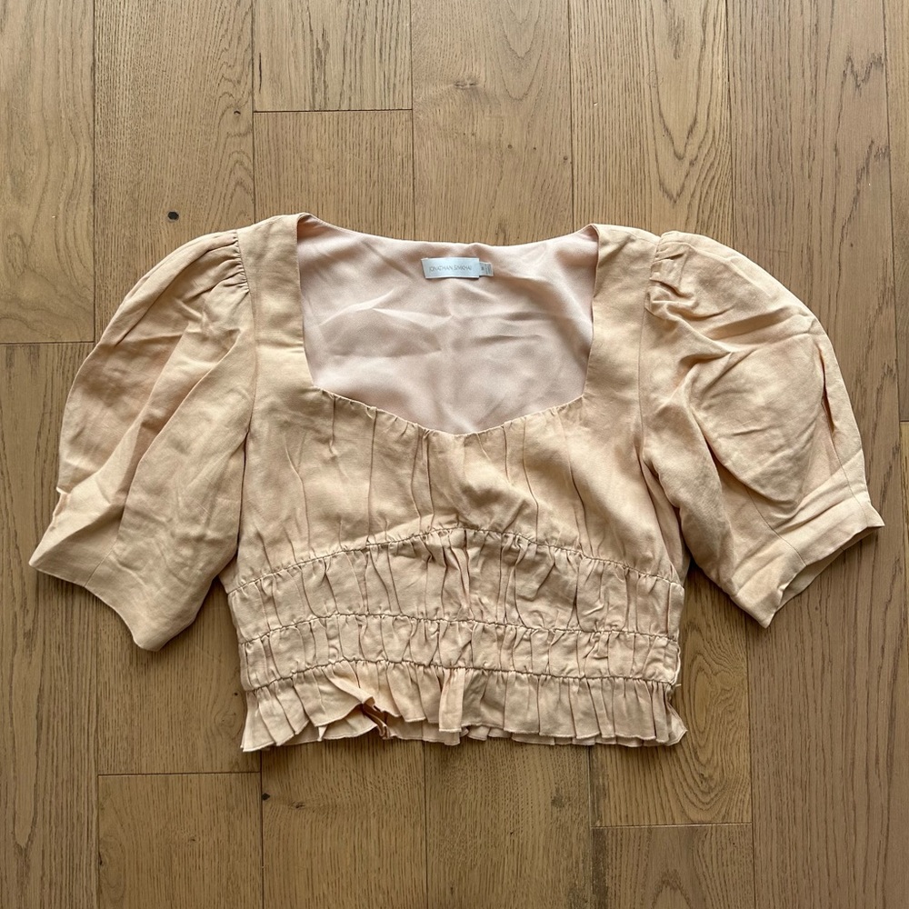 Jonathan Simkhai Adlee Ruched Linen Crop Top in Wheat